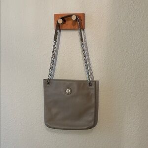 Tory Burch Gray Leather Shoulder Bag with Chain Straps